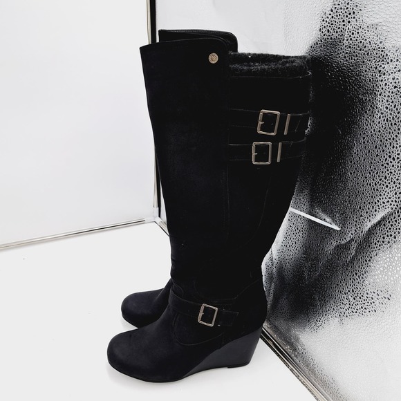 Chelsee Girl Black Knee High Wedge Heel 9 - Picture 2 of 15